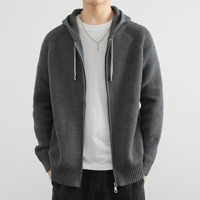 Herren Herbst und Winter Einfacher Raboss Ärmel Reißverschluss Pullover Locker Lässige Jacke Kapuzen Strickpullover