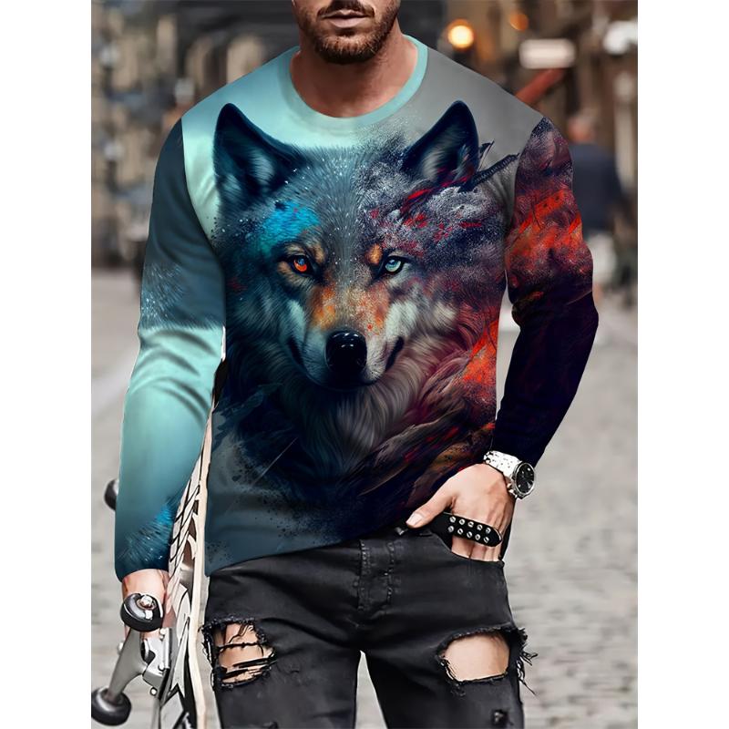 Langarm-T-Shirt für Herren mit Wolf-Print, Frühling und Herbst, für den Alltag, lässiges Oberteil für die Straße, für Herren, modisches Langarm-T-Shirt
