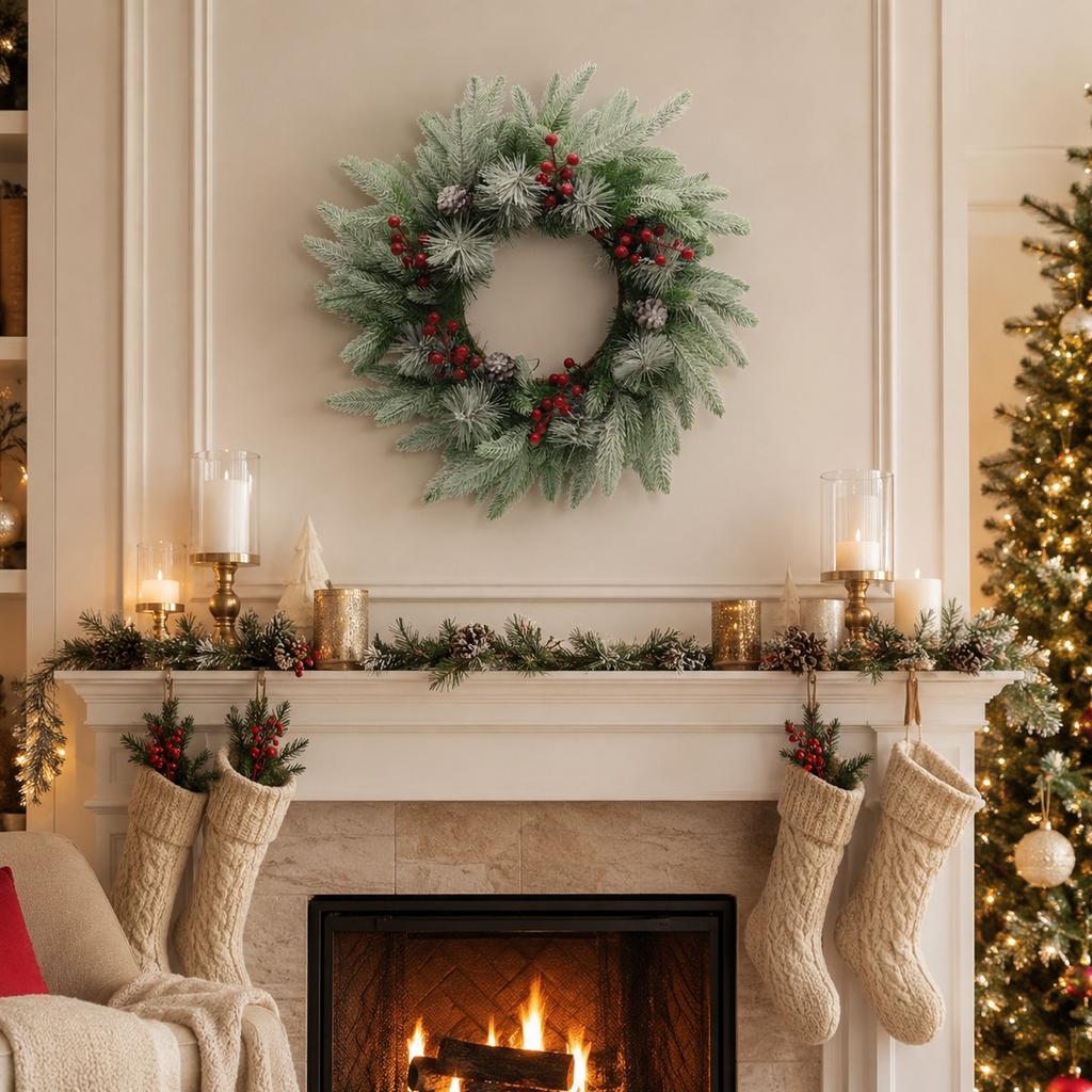 Christmas Wreath with Cedar and Red Berries - Door Hanging Holiday Decor for Home, Mall and Scene Setting