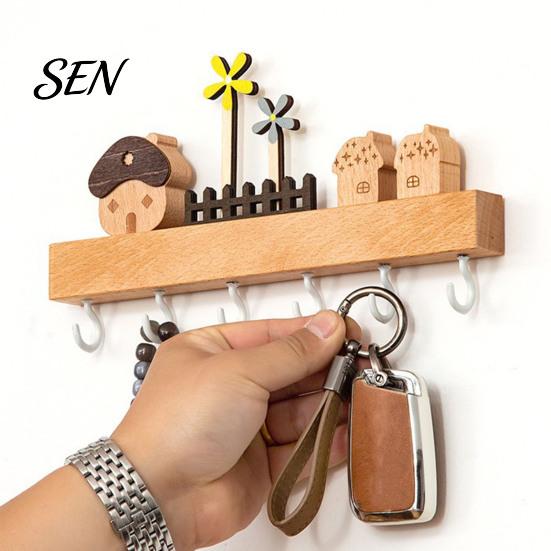 Home Organization Accessory Solid Wood Key Holder with 6 Hooks, Decorative Wall Hanging Storage Rack, Hooks Space Saving Mounted Organizer for