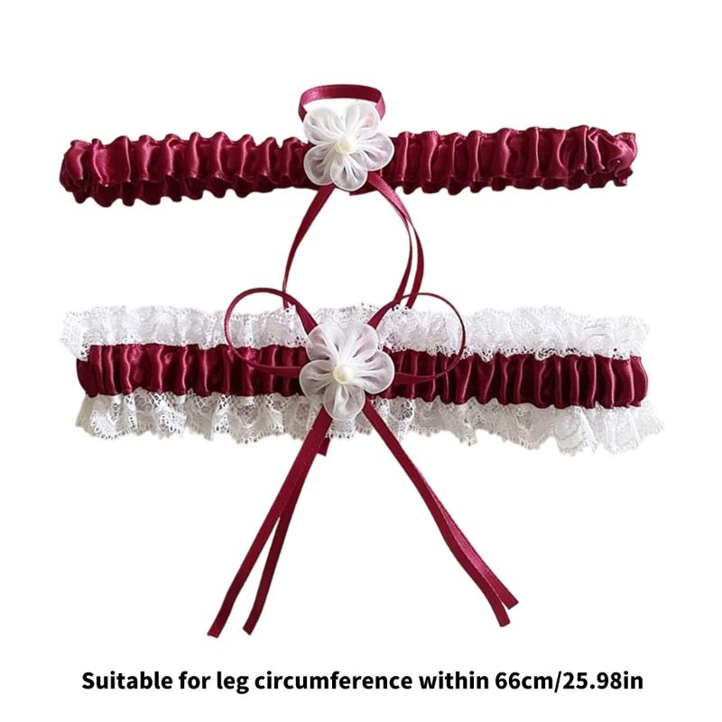 2Pcs Trimmed Lace Bowknot Bridal Garters Set for Engagement Party Accessory Gift
