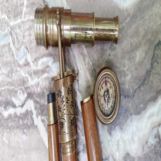 Brass Telescope Compass London Hidden On Top Wooden Walking Stick Canes