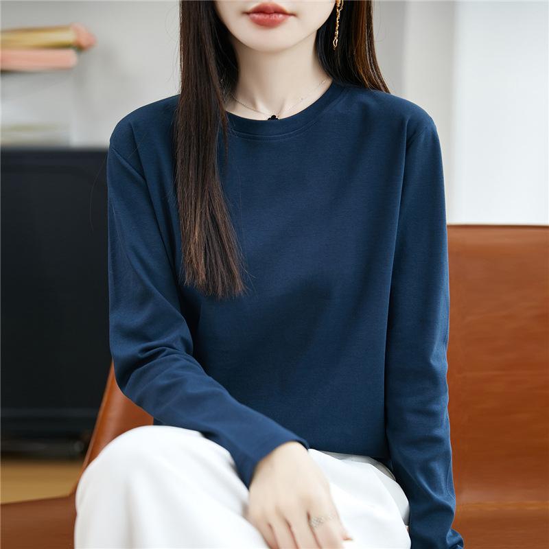 Women's Crew Neck Long Sleeve T-Shirt Regular Fit Elegant Lady Style Mercerized Cotton Solid Color Spring Casual Versatile Basic Layering Top