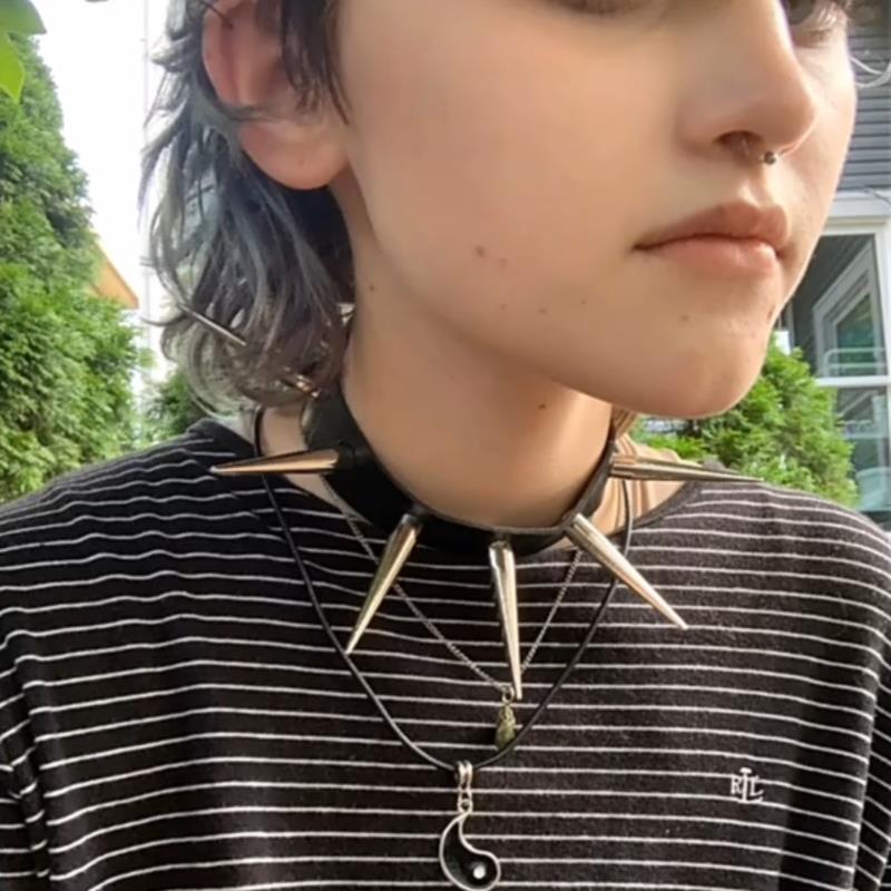 Long Spike Choker Punk Faux Leather Collar Cool Big Rivets Necklace Accessories