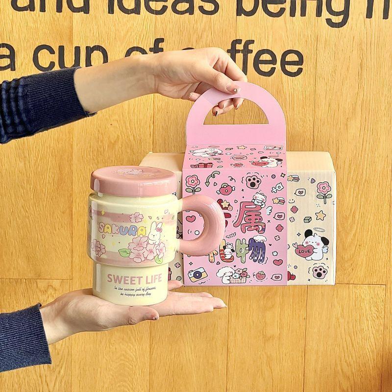 Cute Girl Cherry Blossom Rabbit Cup High-looking Ceramic Mug with Lid Spoon Office Breakfast Coffee Cup