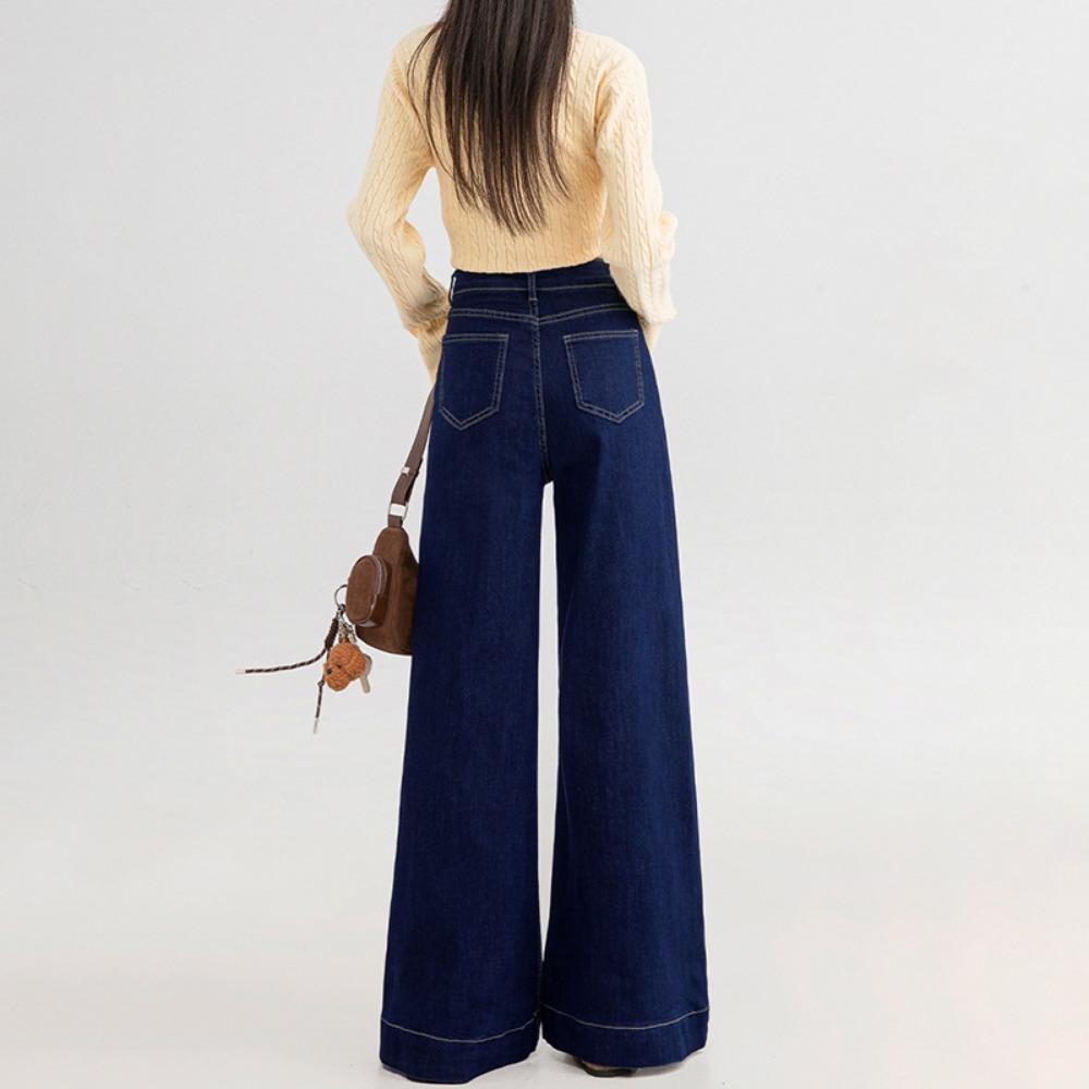 American Harajuku high-waisted wide-leg jeans women's new spring and autumn models, thin double-buckle mop jeans tide