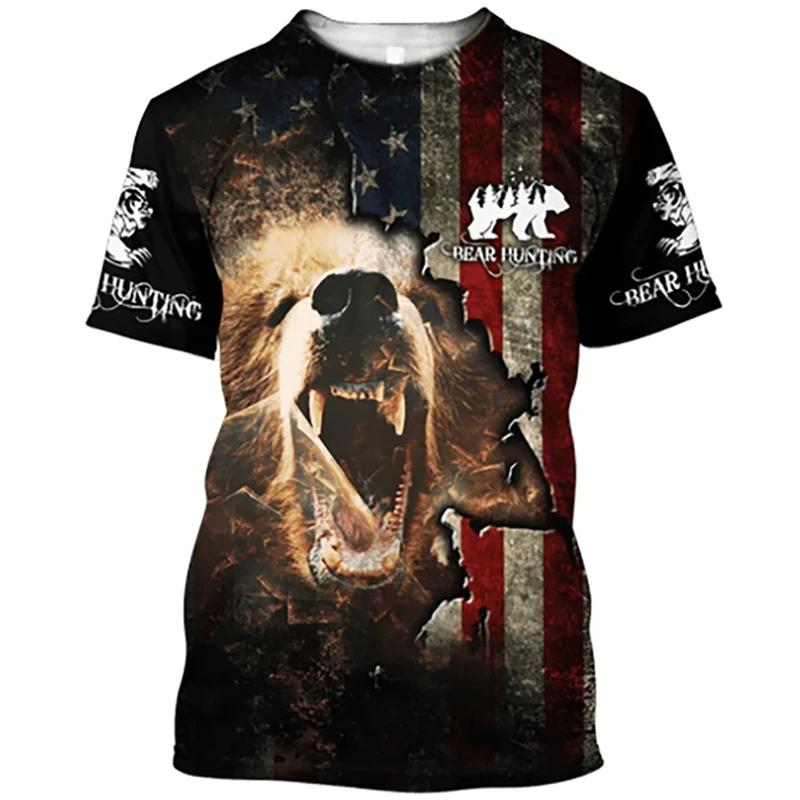 Pánské outdoorové lovecké tričko s 3D potiskem zvířete medvěda, ležérní streetwearové tričko s O-výstřihem a nadměrnou velikostí