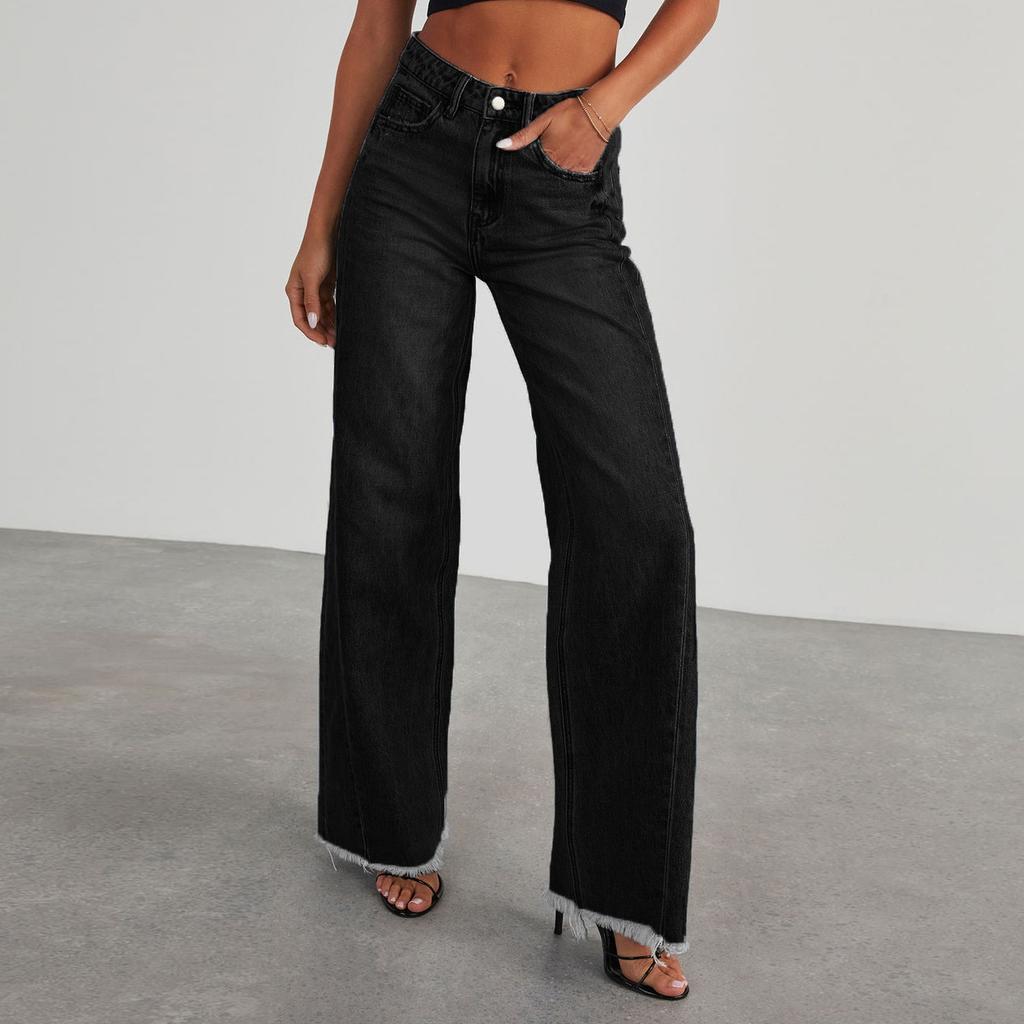 Damen Jeans High Waist Straight Wide Leg Denim Hose