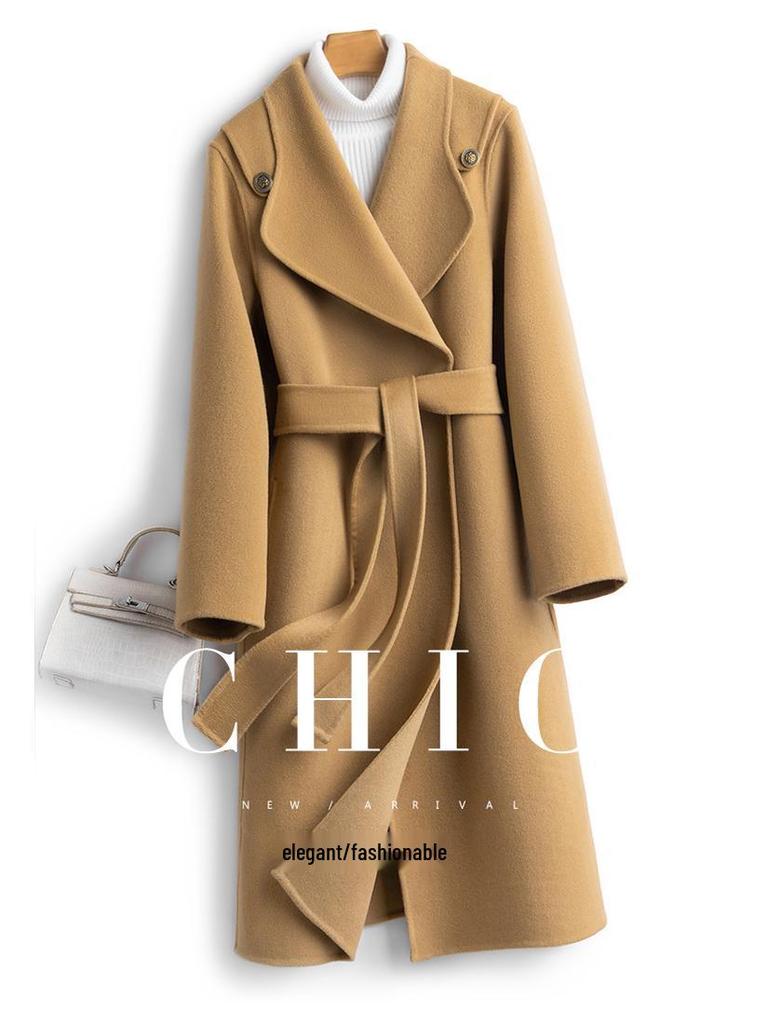 Women's Extra Long Wool Overcoat - Lace-up, Double-faced, Slim Fit, Over-the-Knee, Autumn & Winter Temperament