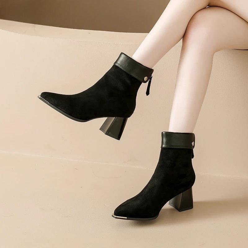 Autumn Winter Suede Square Heels  Women Ankle Boots Fashion Back Zippers Pointed Toe Shoes Modern Short Botas Para Mujer