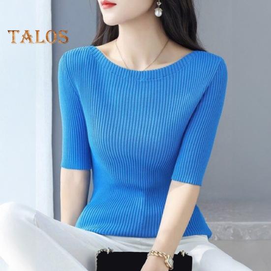 Women Tops Slim Fit Solid Color Ribbed T-Shirt Round Neck Half Sleeve Elastic Pullover Tops Daily Wear
