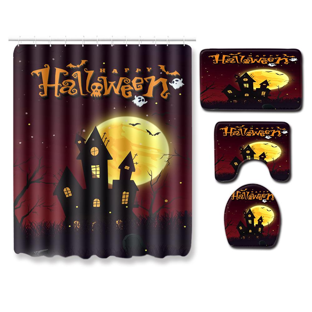 Halloween Shower Curtain Floor Mat Combination Four-Piece Set Bathroom Toilet Carpet Shower Room Foot Door Mat
