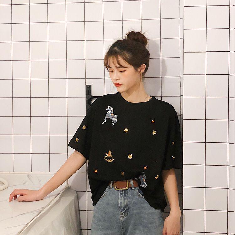 2025 Summer Korean Style Women's Loose Pure Cotton Embroidered Sequin T-Shirt Short Sleeve Student Top