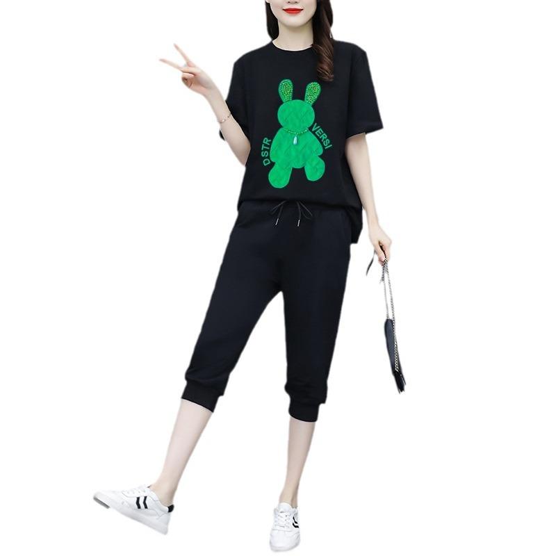 Casual sports Internet celebrities large size print women's summer new Korean version fashion short-sleeved cropped pants two-piece women's clothing