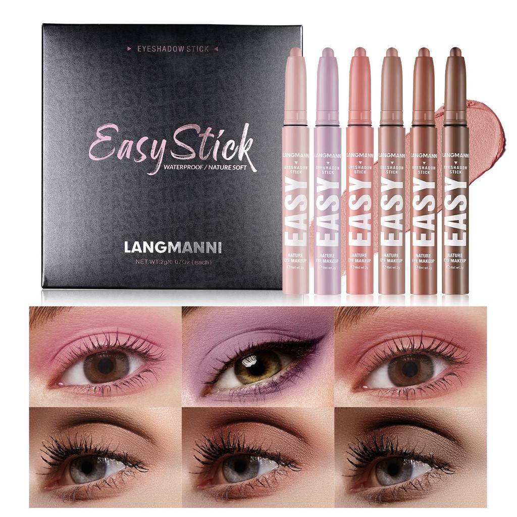6pcs/set Pearlescent Matte Eyeshadow Stick Set Eyeshadow Pencil Shimmer Pearly Glitter Finish Multicoloured Smudge Proof Eyeshadow Pen Make-Up Stick