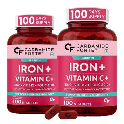 Carbamide Forte Supplément de Fer Pour Femmes et Hommes Avec Acide Folique et Vitamine C| Comprimés de Fer Pour Femmes et Hommes | Paquet de 200 Comprimés, 360 Grammes