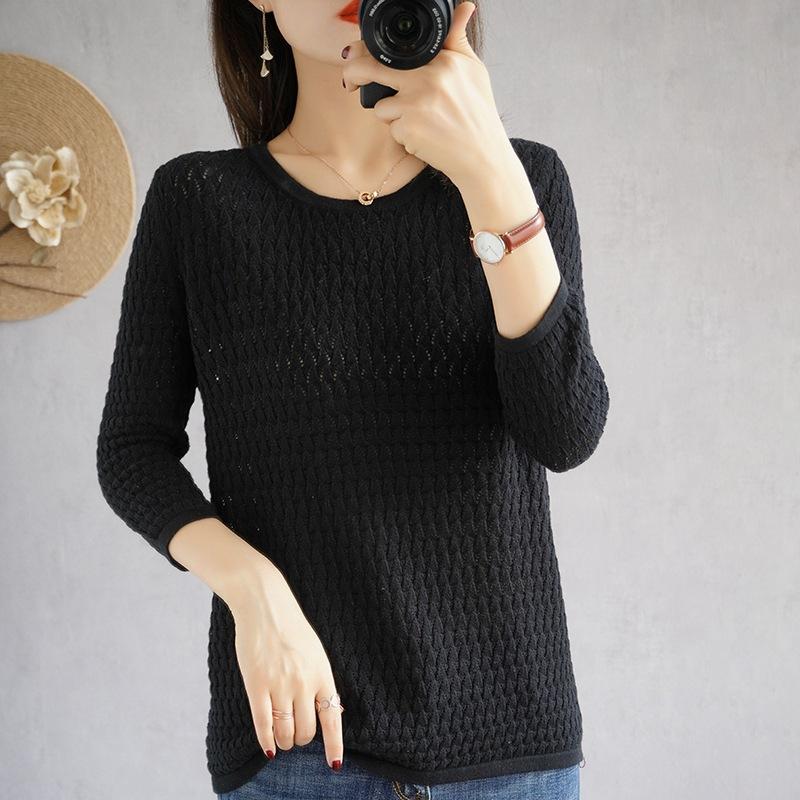 

Женская трикотажная футболка с круглым вырезом, полым хлопковым узором и рукавом три четверти, для лета, свободный и универсальный повседневный и удобный топ XXL