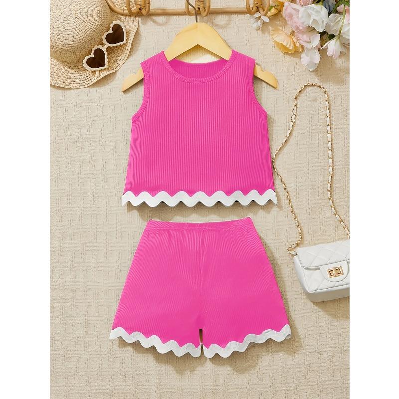 Ins Mädchen Sommer Outfit Set Junges Mädchen Urlaubsstil Einfarbige Spitze Weste Shorts Set