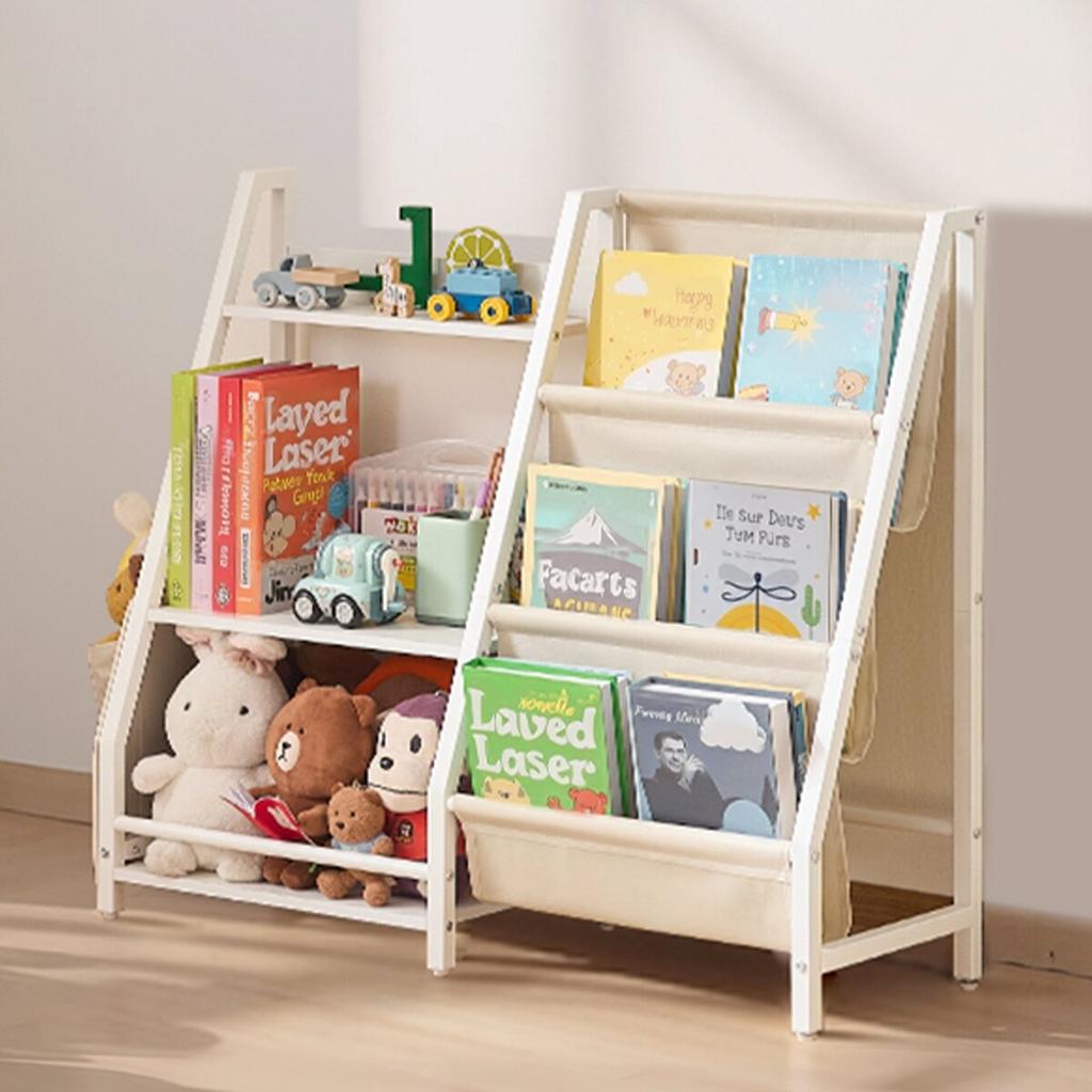 3-Tier Kids Bookshelf, Toy Storage Organizer for Toddler, Book Shelf for Kids Rooms with Sling Book Rack and Storage Bag, Kids Storage Book Shelves