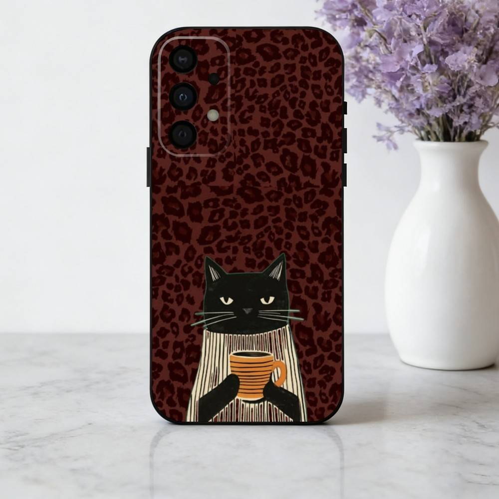 S-Striped C-Coffee Cat phone Case For Samsung Galaxy A73,A72,A71,A70,A53,A52,A51,Others Soft Black Shell