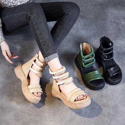 GKTINOO 8cm Natürliches Echtes Leder Sandalen Stiefel Ballerinas Plateau Keil Sommer Damen Ausgehöhlte Pumps Peep Toe Stiefeletten Mary Jane Schuh