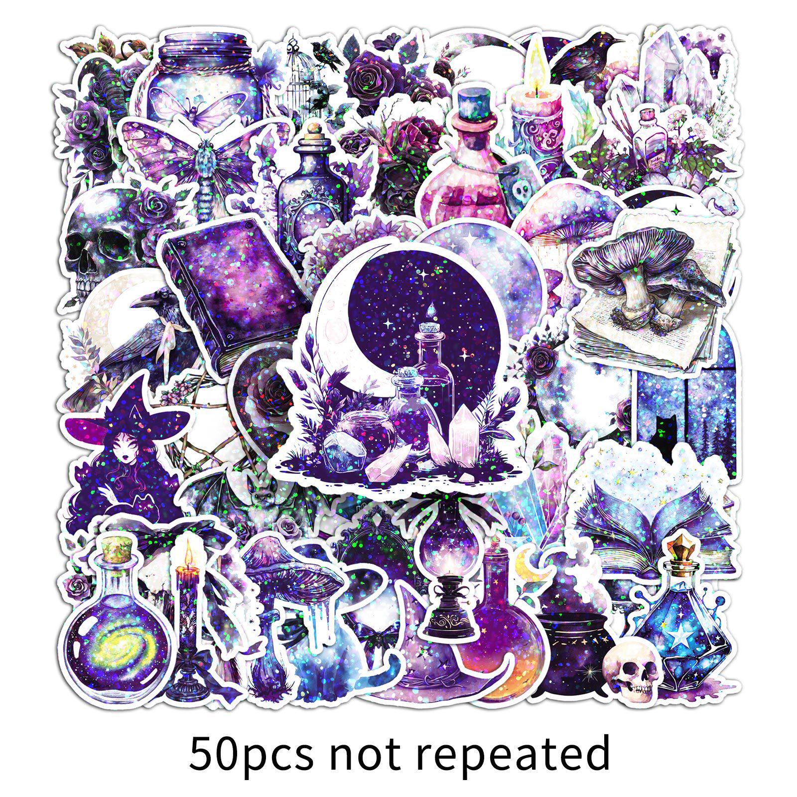 50 Sheets Laser Magic Witch Decorative Stickers Pack for Bikes, Cars, and Suitcases