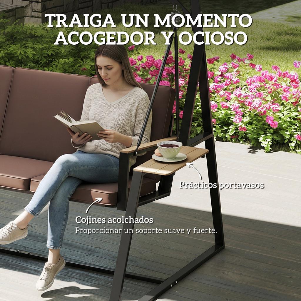Outdoor Garden Swing 3 Seater With Adjustable Roof 2 Trays Cushions And Metal Frame Load 360 Kg Brown