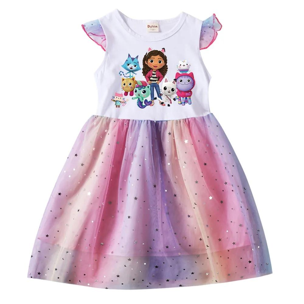 Baby Meisjes Jurk Kinderen Cartoon Gaas Ster Pailletten Prinses Jurk Kinderen Vliegende Mouw Rok Voor Dagelijks Halloween Verjaardagscadeau 100 white