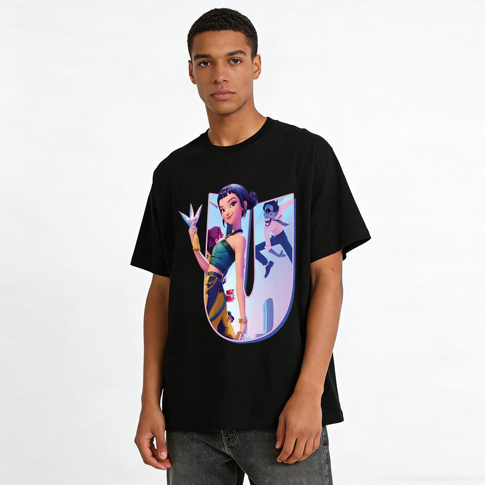 Cyberpunk Girl & Funny Monster Print T-Shirt Unisex Street Style Loose Casual Short Sleeve Top Pure cotton T-shirt