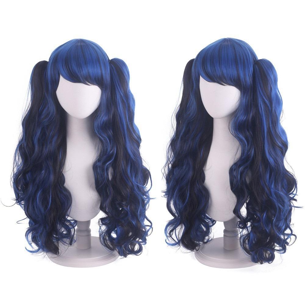 80cm Long Curly Cosplay Wig with 2 Ponytails Women Layered Wigs Pink Blue Gold Curly Wigs  Carnival