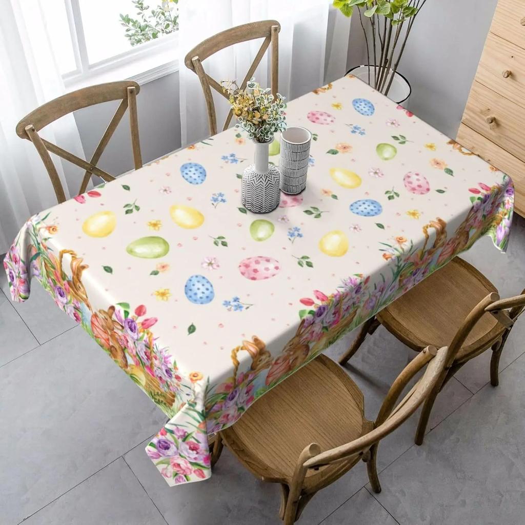 Easter Bunny Eggs Flowers Waterproof Tablecloths Easter Party Decorations Spring Tulip Florals Table Covers Dining Table Decor