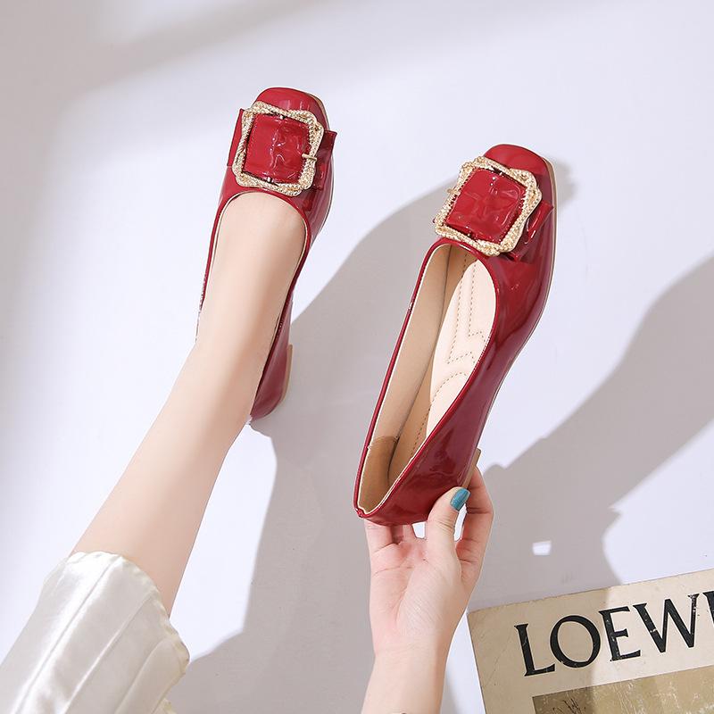 High heels women's 2025 new patent leather square head soft sole low heel Doudou shoes shallow mouth fashion versatile thick heel single shoes