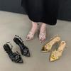 Fashion 2025 New Women Pumps Summer Fashion Gold Sexy Ladies High Heels Thin Pointed Open Toe Sandals Mujer Metal Decoration Party Shoes
