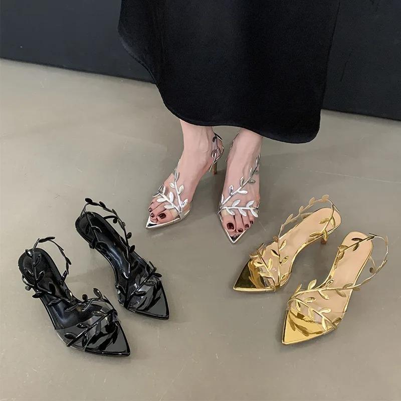 Fashion 2025 New Women Pumps Summer Fashion Gold Sexy Ladies High Heels Thin Pointed Open Toe Sandals Mujer Metal Decoration Party Shoes