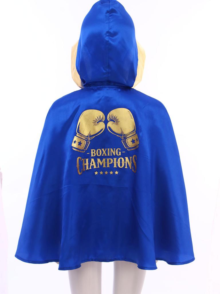 Kids Boys Girls Boxing Costume Halloween Cosplay Cloak Open Front Metallic Trim Letter Printed Back Hooded Boxer Robe
