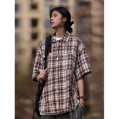 Sommer Neues Farbblockiertes Kariertes Revershemd Japanisches Retro Taschen Dekoration Kurzarmhemd
