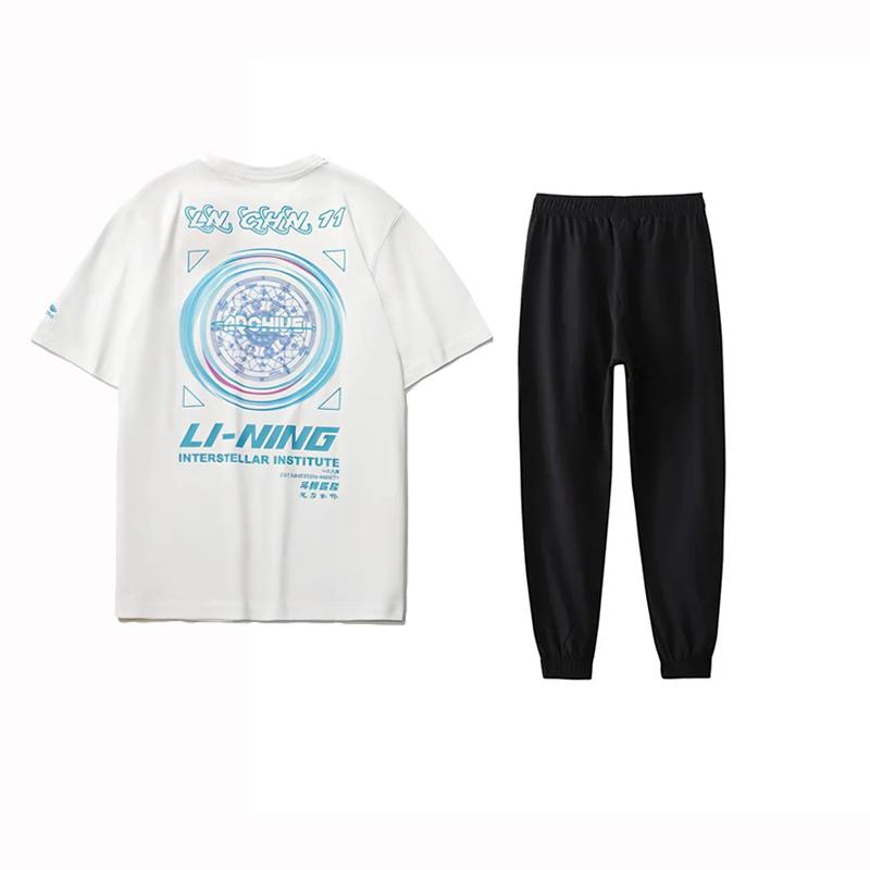 Li Ning Duo Zhuan Xing Yi Letter Print Short Sleeve T-Shirt Quick Dry Breathable Cuffed Knitted Pants Casual Sports Set Men sets AHSR167-1+AYKS467-1