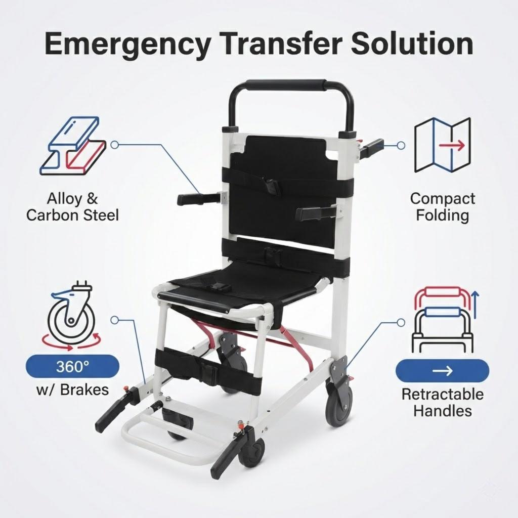 Aluminum Evacuation Chair Emergency Rescue Portable Stretcher Folding Design Retractable Handles 396 Lbs Load Capacity