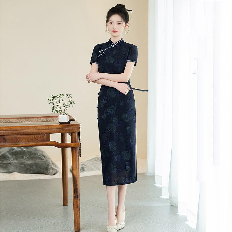 LongChinese-style Qipao Dress Women Vintage Fit Short Sleeve Daily Wear With Stand Collar Side Slit