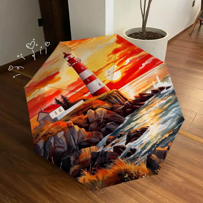 1pc Lighthouse Sunset Automatic Folding Umbrella, Heavy Duty 8 Rib Iron Frame,  Suitable for Travel, Daily Use, Birthday, Decor Gift M0105113
