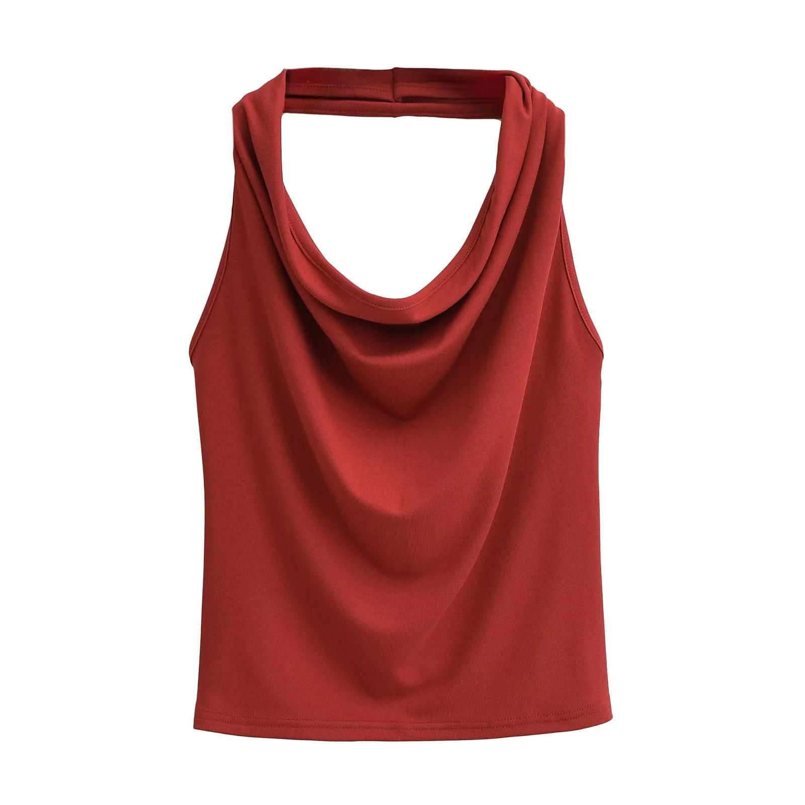 

Приталенная однотонная майка с вырезом-хомут на тонких бретелях для женщин - Стильная одежда для дома и улицы Medium вино красного