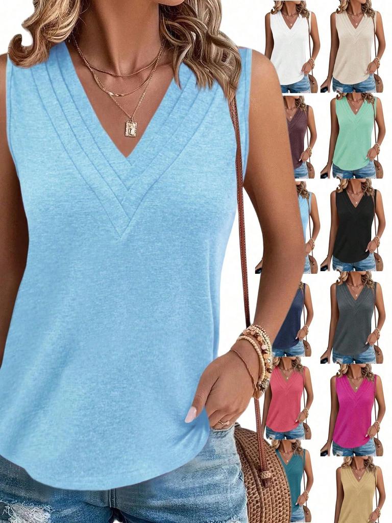 Womens V Neck Sleeveless Tank Top Loose Fit Dressy Casual Summer Blouse