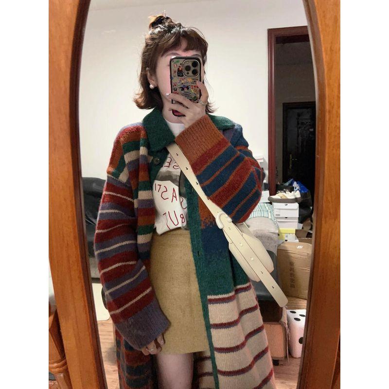 

Американский Ретро Полосатый Лацкан Длинный Свитер Кардиган Женское Пальто Осень и Зима K-стиль Свободная Вязка Ленивый Ветер Пальто Color block Cardigan S