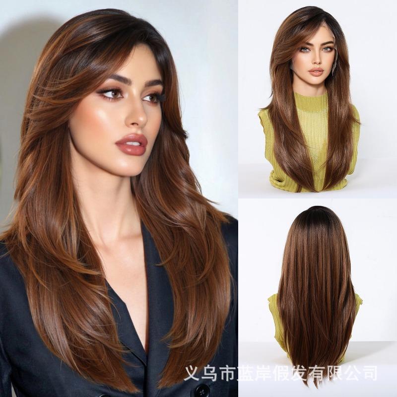 * HD large area lace wig medium black brown long straight hair fashion full hood lace Wig