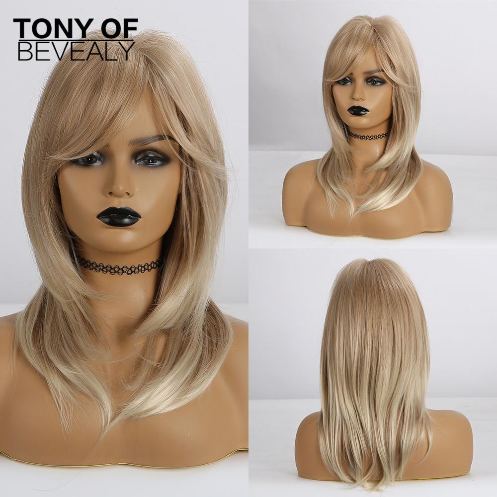 Medium Length Ombre Brown To Blonde Straight Hair Wigs with Bangs Synthetic Wigs for Women Cosplay Heat Resistant Natural Wigs