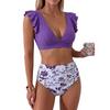 Women’s Two Piece High Waist Ruffle Bikini Set V Neck Swimsuit with Sleeves and Sporty Swimwear Design