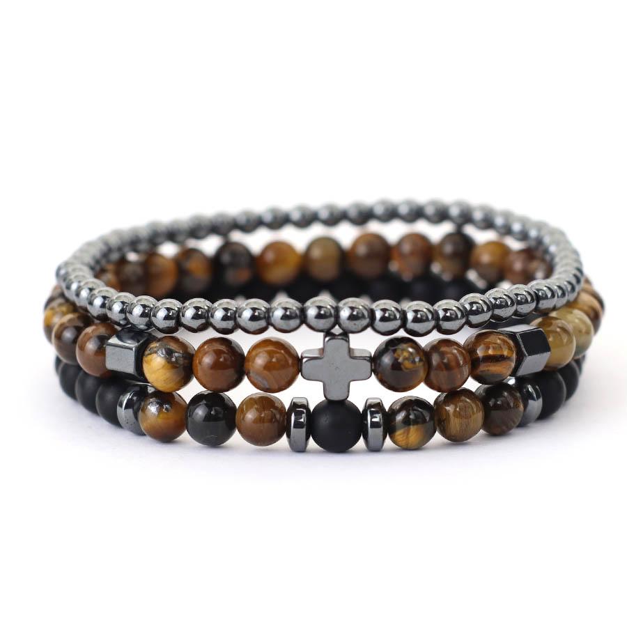 Novel 3Pcs Men Bracelet Set Hematite Healing Braslet Natural Tiger Eyes Lava Stone Beaded Cross Braclet Perfect Gift For Him