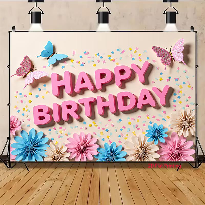 2D Pink Blue Flower Butterfly Backdrop Happy Birthday for Girls Themed Photo Booth Background