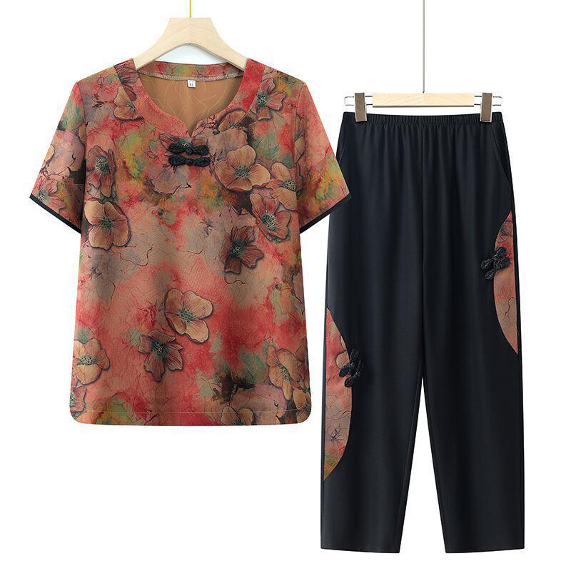

Stylish Summer Outfit: Short-Sleeved T-Shirt Set for Middle-Aged Women & Grandmothers - Loose Two-Piece for Comfort XL (for up to 100 lbs)