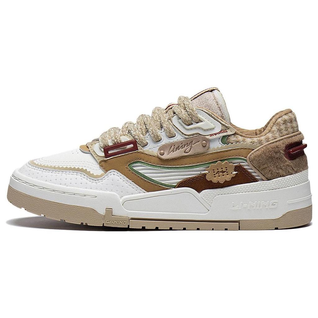 Li Ning 001 BTC PRM Synthetikleder Abriebfest Atmungsaktiv Niedrig geschnitten Skateboard-Schuhe Damen Weiß Braun AGCT004-2